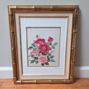 Floral Embroidery in Gold Bamboo Frame Vintage